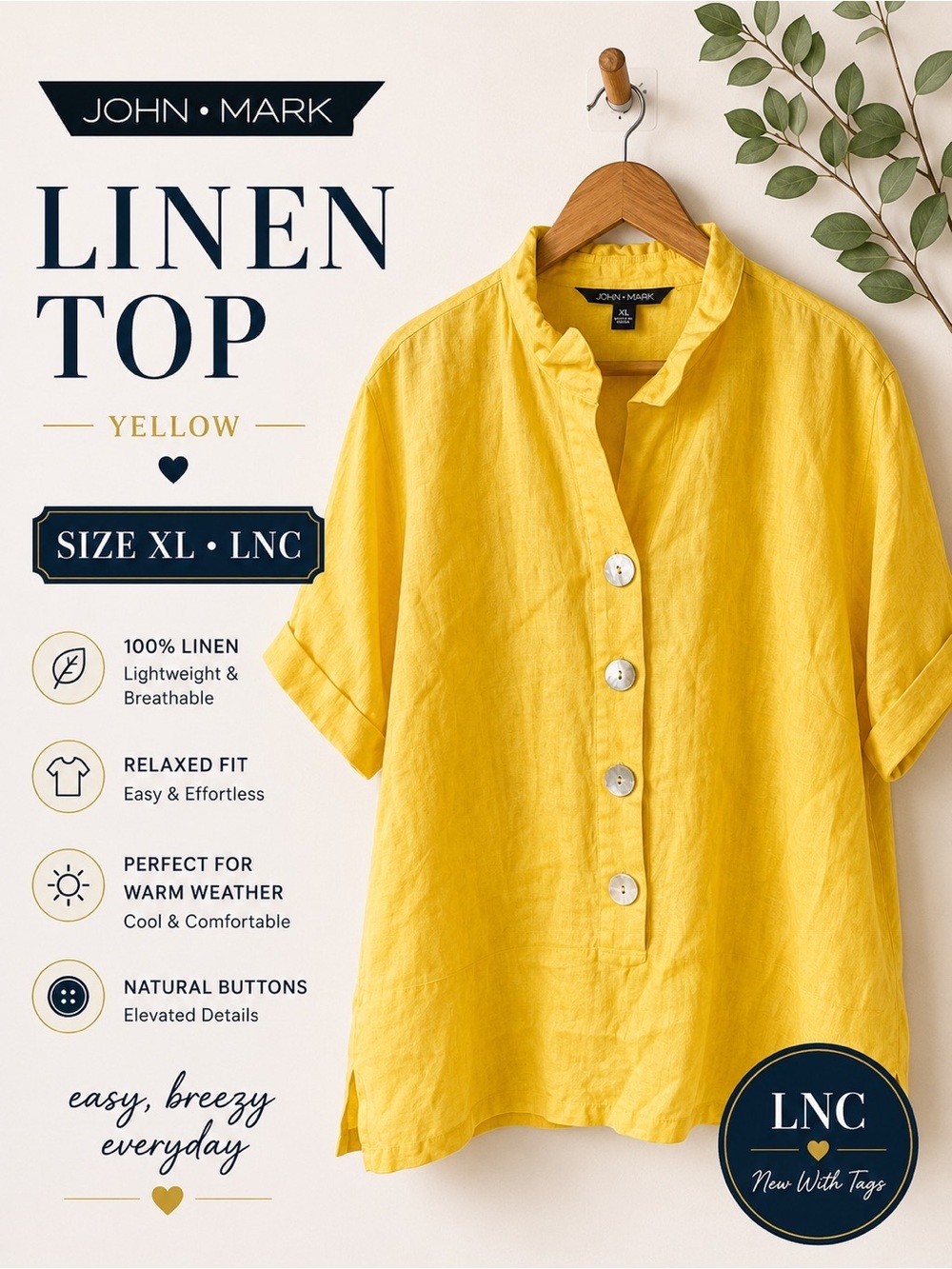 John Mark Yellow Linen Button Front Top Size XL LNC